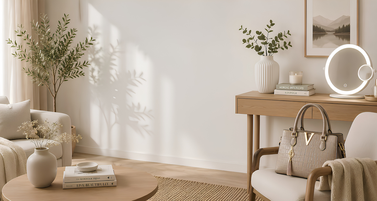 Warm Scandinavian living room featuring an LED vanity mirror and elegant handbag