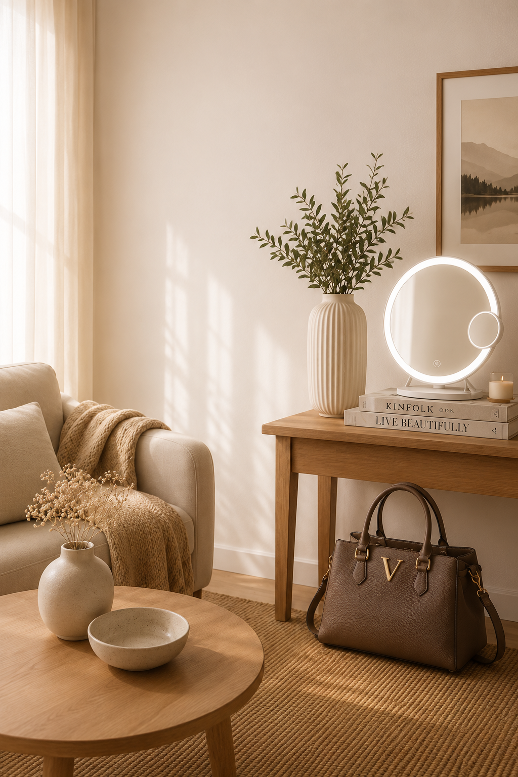 Brown top handle handbag in a warm Scandinavian-style living room